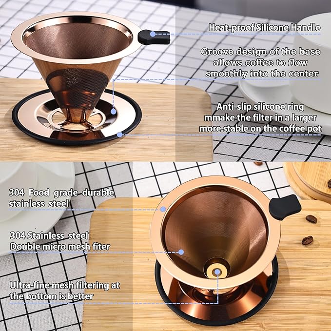Small Size Pour Over Coffee Dripper, Stainless Steel Metal Cone Drip Coffee Filter, Paperless and Permanently Reusable, Double Mesh Coffee,TeaFilter for 1-2 Cups