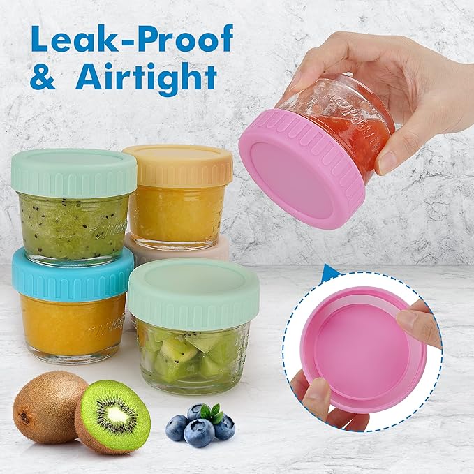WILLDAN Glass Baby Food Storage Jars w/Lids (4 oz, 12 Pack Set) Snack, Puree, Reusable Small Containers, Breast Milk, Fridge or Freezer, Microwave & Dishwasher Safe, Essential Must Have for Infants