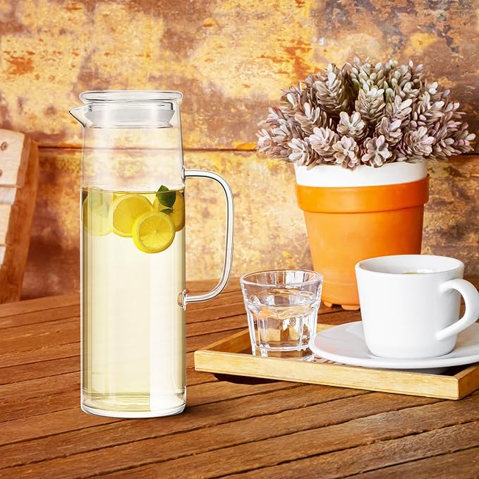Hsei 2 Sets Glass Pitcher with Lid, 50 oz / 1500 ml Water Carafe with Handles Hot Cold Beverage Water Jar Glass Jug for Tea Juice Milk Coffee Iced Beverage (Glass Lid)