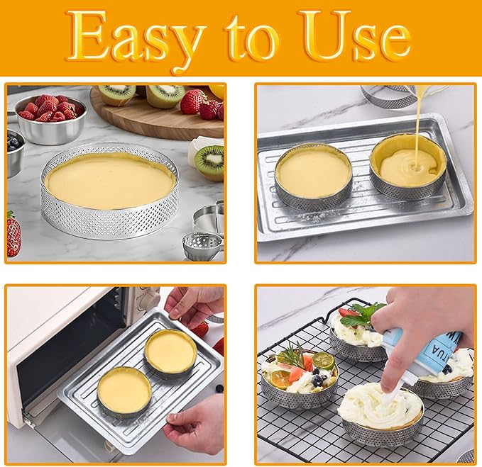 8Packs Perforated Tart Rings 4 Inch Stainless Steel Perforated Cake Rings, Round Tart Ring Molds for Cookies, fruit tarts, Prevent Soggy Crust & Even Baking