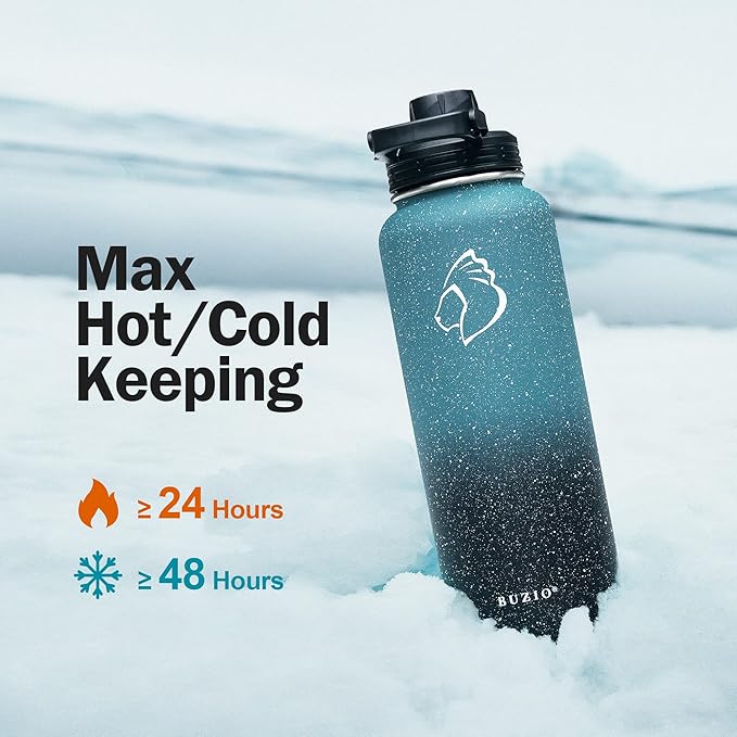 BUZIO 40 oz Water Bottle Insulated with Straw & 3 lid and Carrying Pouch, Leak Proof Anti-Slip Stainless Steel Water Flask Jug, Cold for 48 Hrs Double Vacuum Thermo Canteen, BPA-Free, Starry Indigo