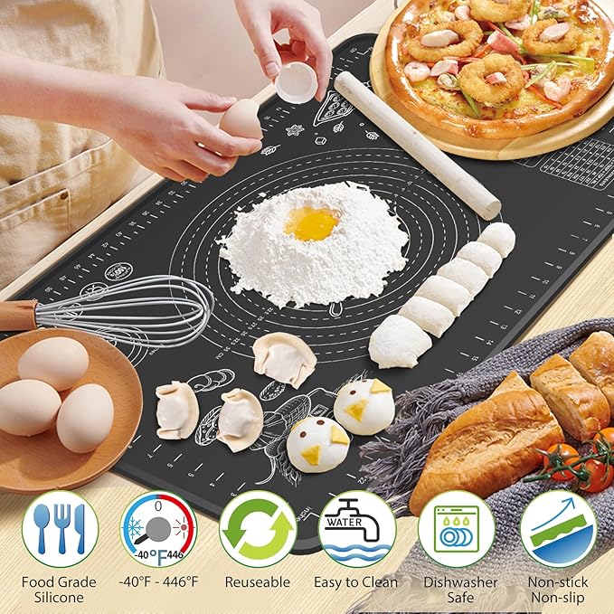 Silicone Baking Mat 32" x 24" Extra Thickness Dough Rolling Mat with Measurements and Edge Heightening, Non-stick Food Grade Silicone Pastry Mat for Pastry, Bread, Cookies, Pizza, Fondant, Pasta-Black