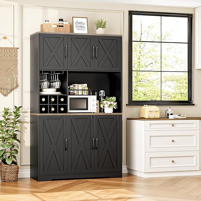 HOSTACK Kitchen Pantry Storage Cabinet, 71" Tall Food Pantry Cabinet with Microwave Stand, Farmhouse Kitchen Hutch, Coffee Bar Hutch with Wine Rack for Dining Room, Living Room, Black