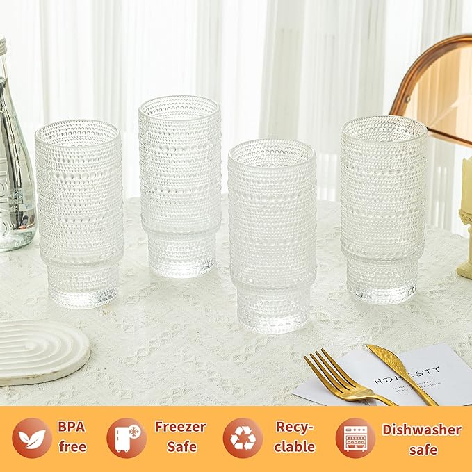KEMORELA Elegant Highball Glassware Set - 16oz XL Glasses - Mixed Drinks, Iced Coffee, Beer, Juice, Water - Hobnail, Beaded Designs - Set of 4 | Stylish Collection for Any Occasion