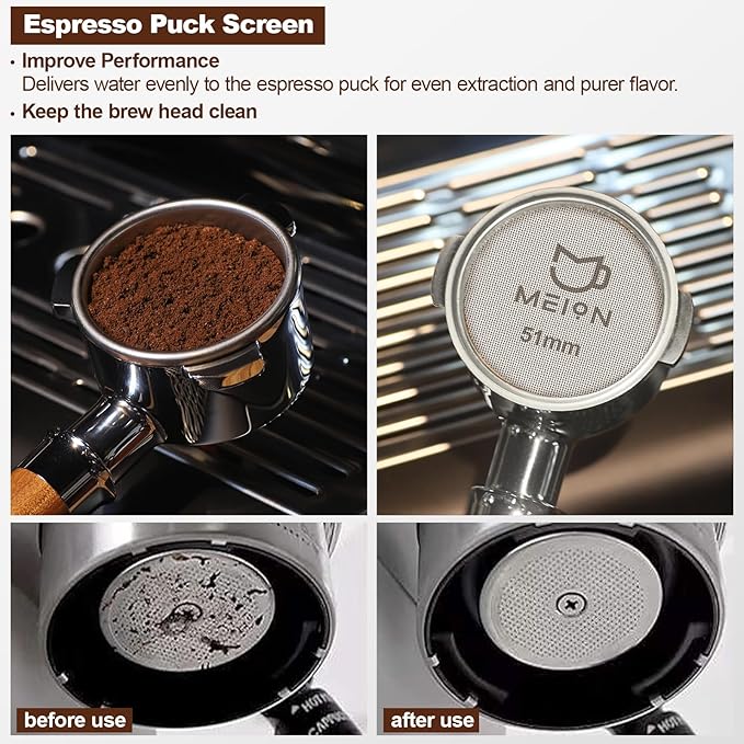 MEION 51mm Espresso Dosing Funnel and 51mm Puck Screen Set for 51mm Portafilters, Magnetic Coffee Portafilter Funnel, Reusable Espresso Puck Screen, Espresso Tools Espresso Accessories (51mm, Black)