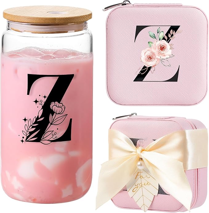AYGXU glass cups with lids and straws,Tumblers with Brushes,Small Jewelry Organizer Box,Birthday Gifts for Women,Travel Gifts for Girls,high school graduation gifts for her,Initial Z pink