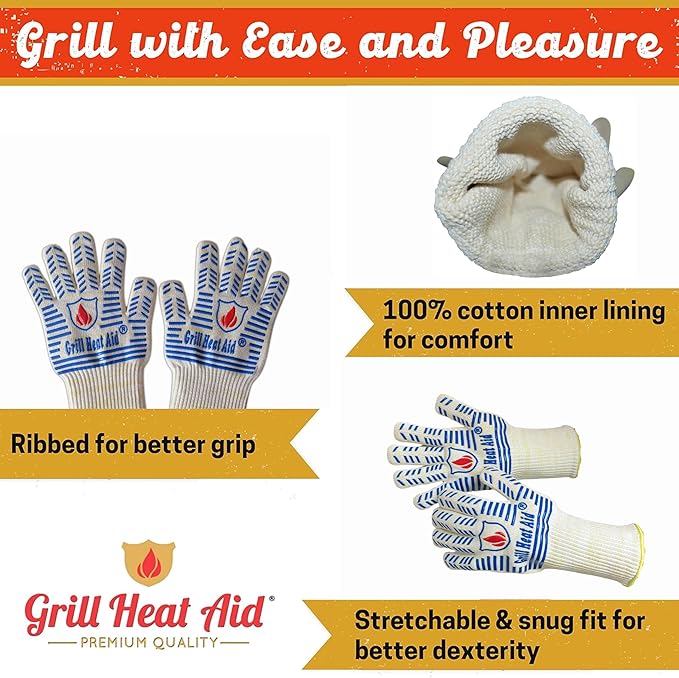 GRILL HEAT AID BBQ Grill Gloves Heat Proof for Grilling – Fireproof 1472°F Heat-Resistant Grill Mitts for Outdoor Barbecue and Smoker, Campfire, Fire Pit, Oven Glove with Fingers for Baking Pizza
