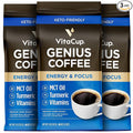 VitaCup Genius Ground Keto Coffee w/Turmeric, MCT Oil, B Vitamins, D3, Ground Coffee Medium Dark Roast, Bold & Smooth, 100% Arabica Coffee Grounds, 3 bags, 11oz each