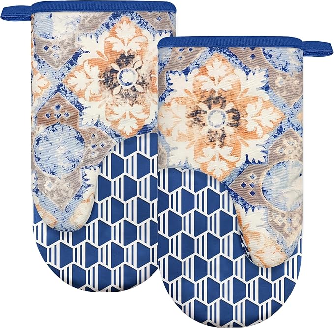 Thumb Oven Mitts, Heat and Slip Resistant Silicone Kitchen Mittens 2-Pack Set, Vintage Carpet Flower Soft Long Oven Gloves, Flexible Potholders for Safe Baking Cooking & Grilling (Dusty Blue)