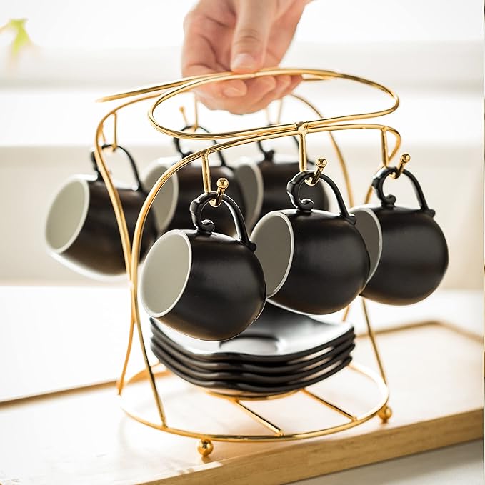 LYEOBOH Espresso Cups with Saucers Set, 3 Ounces Porcelain Coffee Cups with Metal Stand and Spoons, Cappuccino Cups Cute Demitasse Cups for Coffee Drinks, Latte, Tea Set of 6, Black