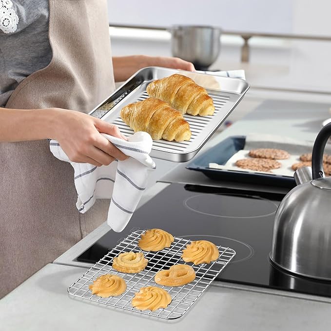 TeamFar 10.5'' Stainless Steel Compact Baking Pan Toaster Oven Tray with Cooling Rack, Corrugated Bottom & Grid Mesh Rack, Non-Toxic & Heavy-Duty