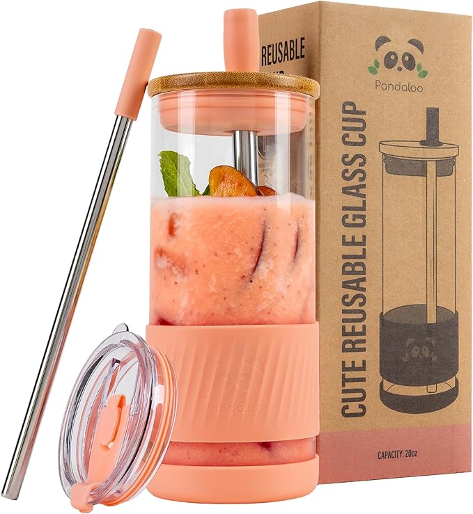 Pandaloo® Glass Cups With Lids and Straws -20 Fl Oz- Perfect Size Iced Coffee Cup - Smoothie Cup With Bamboo Lid and On the go Lid (Peach Fuzz, 1 Count (Pack of 1)