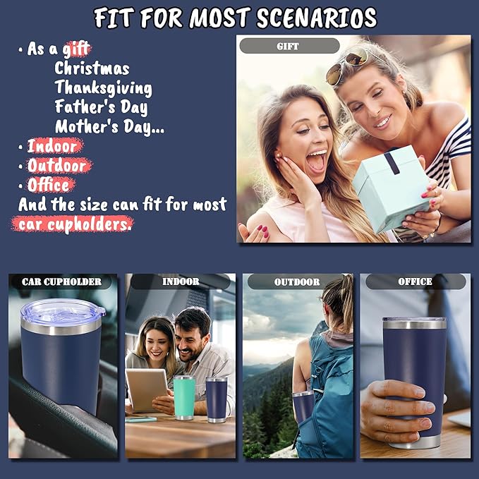 20 oz Tumbler with lid Double Wall Vacuum Insulated Tumblers Stainless Steel Coffee Mug Travel Coffee Tumbler Powder Coated Tumbler Cup Keep Hot&Cold - (Navy 12 Pack)