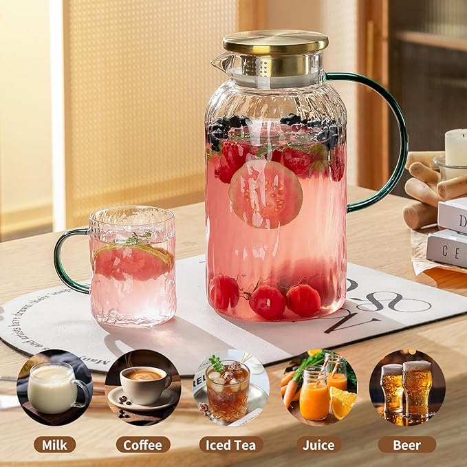 2 PACK Glass Pitcher with Lid and Spout, 68 oz/2 Liter Water Pitcher for Fridge, Clear Borosilicate Glass Water Carafe for Cold Brew, Coffee, Lemonade, Iced SunTea,Milk, Heat Resistant