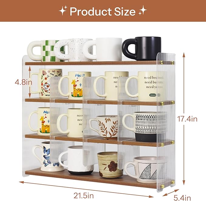 Coffee Mug Holder Wooden Cup Station Organizer 4-Tier Cup Holder for Coffee Bar Mug Display Rack for Countertop Mug Holder Shelf for Home Kitchen Nut Brown