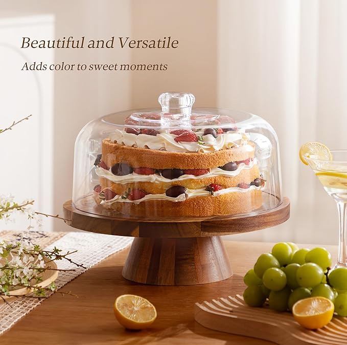 HBlife Cake Stand with Lid (11.4"), Multifunctional Cake Stand with Acrylic Dome, Acacia Wood 6-in-1 Cake Plate Display Stand with Cover for Baking Gifts, Birthday Kitchen Parties, Weddings