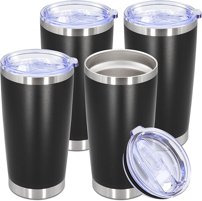20oz Tumbler Stainless Steel Tumbler Cup with Lid Vacuum Insulated Double Wall Travel Mug, Durable Powder Coated Travel Coffee Tumbler Mug for Hot & Cold Drinks, Black,4 Pack