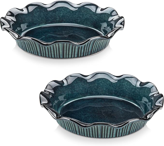 vancasso Stern Ceramic Pie Pan, 9 inch Pie Pans with Ruffled Edge, Deep Pie Dishes for Baking, Round Pie Plates for Apple, Quiche, Pot Pies, Tart, Oven & Dishwasher Safe, Set of 2, Green