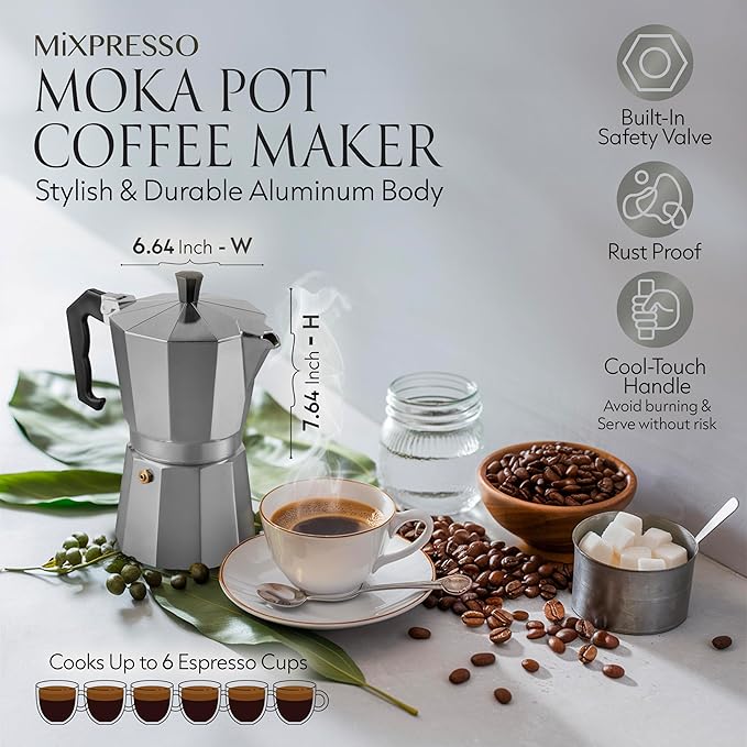 Mixpresso 6 Cup Moka Pot Cuban Coffee Maker, Moka Pot for Gas, Electric Stove Top, Classic Italian Coffee Maker, Stovetop Espresso Maker, Camping Pot Makes 6 Espresso Cup 10 Oz