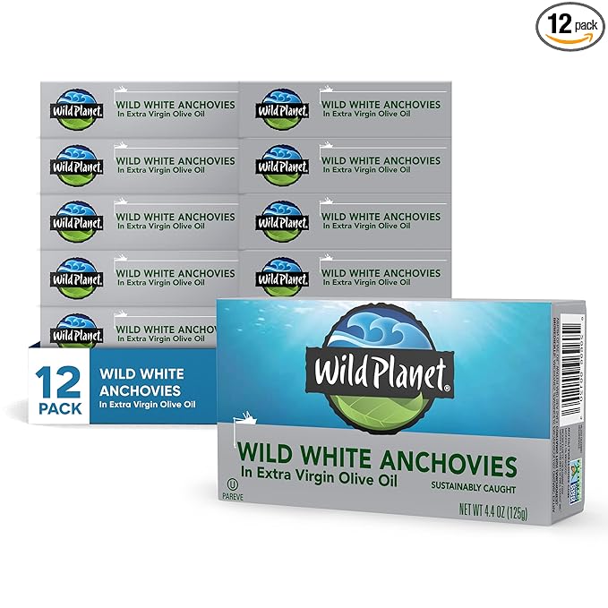 Wild Planet Wild White Anchovies in Extra Virgin Olive Oil, Tinned Fish, 4.4 Ounce, Pack of 12
