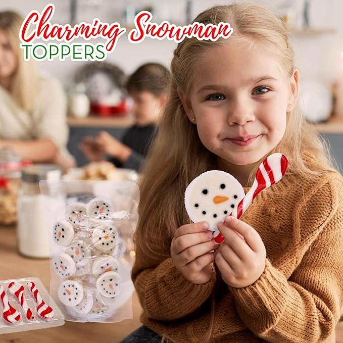 4E's Novelty Snowman Marshmmallow Toppers and Peppermint Spoons (24pc of Each) Candy Canes Spoons and Sugar Coated Snowman Face Marshmallows for Christmas Hot Chocolate Bar Supplies, Hot Cocoa Toppers Decorations