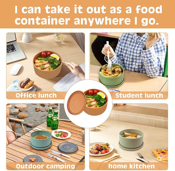 Silicone Food Storage Containers & Round Bowls with Lids - Meal Prep Containers for Kitchen Serving, Salad & Lunch - Airtight, Microwave/Fridge/Dishwasher Safe, BPA-Free, 24oz. (Grayish blue)
