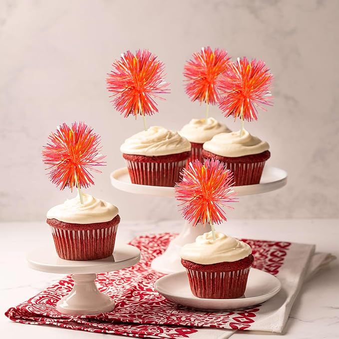 Gyufise 30Pcs Foil Firework Cupcake Toppers Sparkle Tinsel Cake Toppers Tinsel Drink Cake Decoration Cocktail Picks for Birthday Wedding Graduation Party Supplies Dark Orange