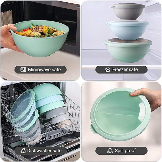 Zulay Kitchen 12 Piece Plastic Nesting Mixing Bowl Set - Colorful Bowls with Lids - Microwave and Freezer Safe (Mint Ombre)