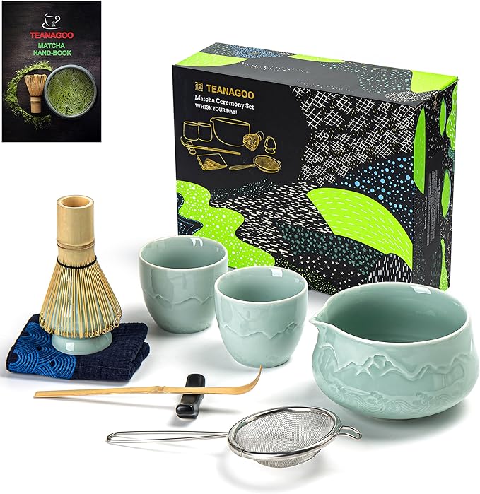 TEANAGOO Matcha Whisk Set 7pcs+2Cups(7.2oz),Ceramic Matcha Set,Matcha Kit for Ceremony,Matcha Tea Set for Making Breakfast,Matcha Whisk Set and Bowl with Scoop&Sifter,Gift for Matcha Lover