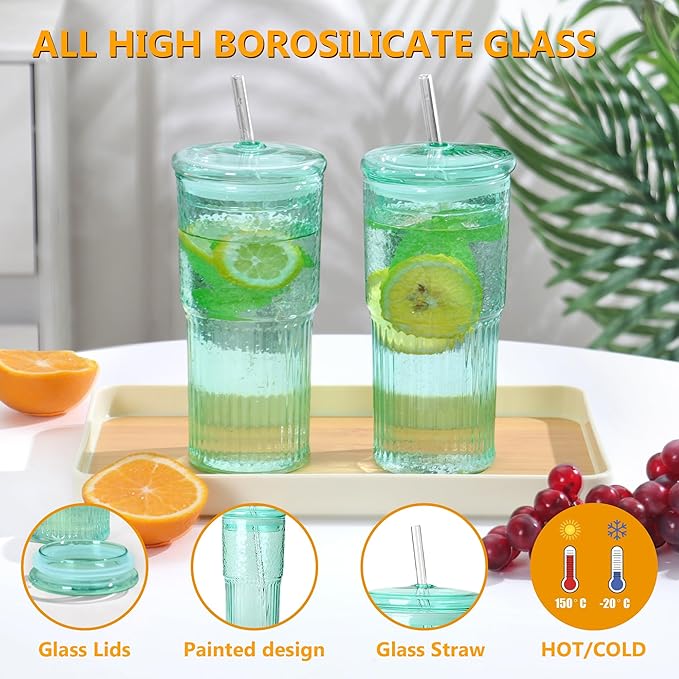 20 OZ Glass Cup with Lids and Glass Straws, High Borosilicate Iced Coffee Glass Tumblers with Lid and Straw for Drinks, 2pcs Reusable Wide Mouth Smoothie Cup(Cyan)