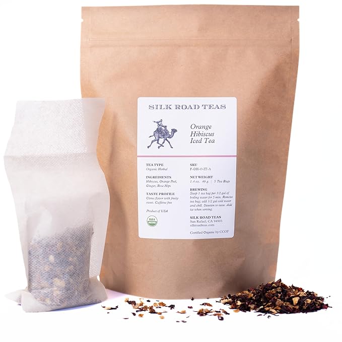 Silk Road Teas, Organic Orange Hibsicus Herbal Iced Tea, Tart Citrus & Floral Blend, Unsweetend, Caffeine-Free, 5 Gallon-Sized Tea Bags.