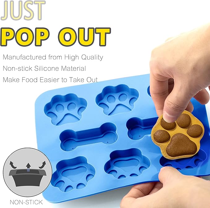 Anaeat 2 Pack Silicone Molds with Puppy Dog Paw and Bone Shaped 2 in 1, Reusable Non-Stick Ice Cube Trays & Flexible Candy Chocolate Molds for Homemade Dog Treats, Pudding & Baking Biscuit (Blue)