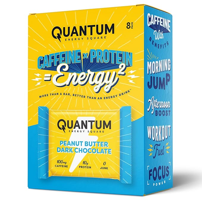 Quantum Energy Square: Energy Bar with Caffeine & 10g Protein. Delicious Healthy Snack On The Go. (Vegan, Gluten-free, Soy-free, Dairy-free) (Peanut Butter Dark Chocolate)