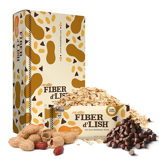 NuGo Fiber d'Lish Peanut Chocolate Chip, 12g High Fiber, Vegan, 160 Calories, 16 Count
