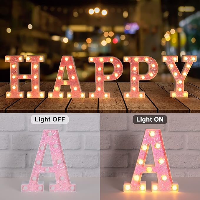 Foaky Pink Light up Letters，Pink Party Decorations,Girls Room Decor,Glitter Light Up Letters,Alphabet Letter Sign for Night Light Birthday Party Girls Gifts, Home Bar Decoration（V）
