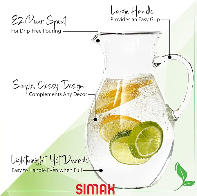 Simax Glass Pitcher With Spout, SMALL 1 Quart Borosilicate Glass Pitchers With Handle, Glass Water Pitcher Glass, Cocktail Pitcher, Margarita Pitcher, Sangria Pitchers, Beverage Pitchers