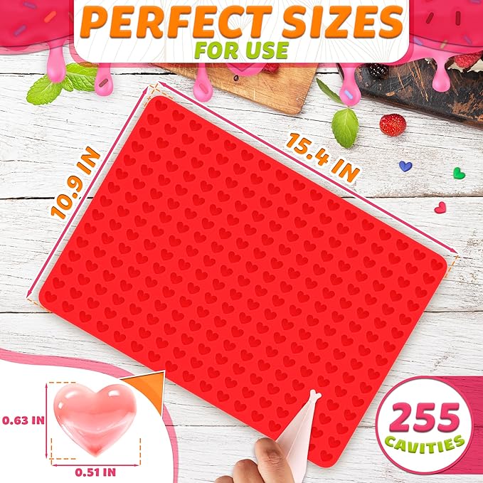 255 Cavities Mini Hearts Mold - 15.4" x 10.9" Mini Heart Silicone Mold for Making Candies, Chocolates and Gummies - Red Heart Ice Cube Tray with Easy Demolding, Flexible & Durable Heart Molds Silicone