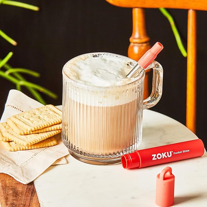 ZOKU Reusable Metal Straw with Case for Travel, Red - Collapsible Stainless Steel Drinking Straw with Silicone Tip and Cleaner Brush, Ideal for Key Chains, Pockets, Purses