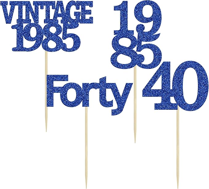Gyufise 24Pcs Vintage 1985 Cupcake Toppers Glitter Cheers to 40 Fabulous Forty Cupcake Picks 40th Birthday Wedding Anniversary Party Cake Decorations Supplies Deep Blue