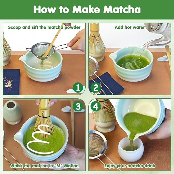 Matcha Whisk Set, 7 Pcs Ceramic Matcha Kit, Matcha Bowl with Spout, Matcha Whisk, Holder, Stainless Sifter, Bamboo Scoop and Tea Towel, Matcha Gift Set for Matcha Tea Lovers