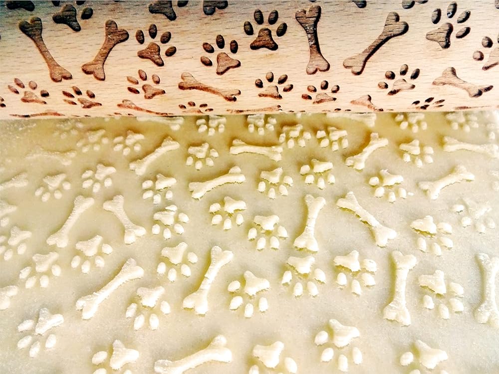 PAW and BONE EMBOSSING ROLLING PIN LASER ENGRAVED PATTERN with PAWS and BONES for EMBOSSED COOKIES or PASTA