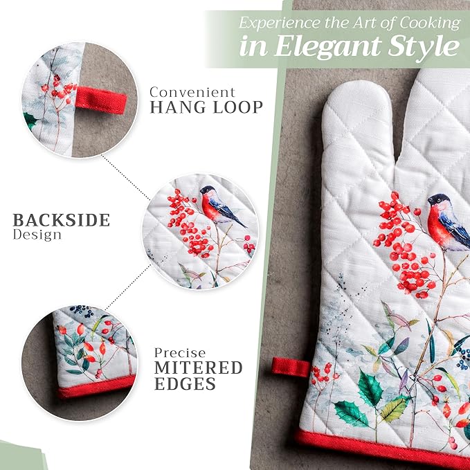 Maison d' Hermine 100% Cotton Oven Mitt & Pot Holder Set (7.5"x13" & 8"x8") Heat Resistant BBQ Cooking Gloves with Loop, Baking, Grilling, Kitchen, Handling Hot Pans (Morzine)