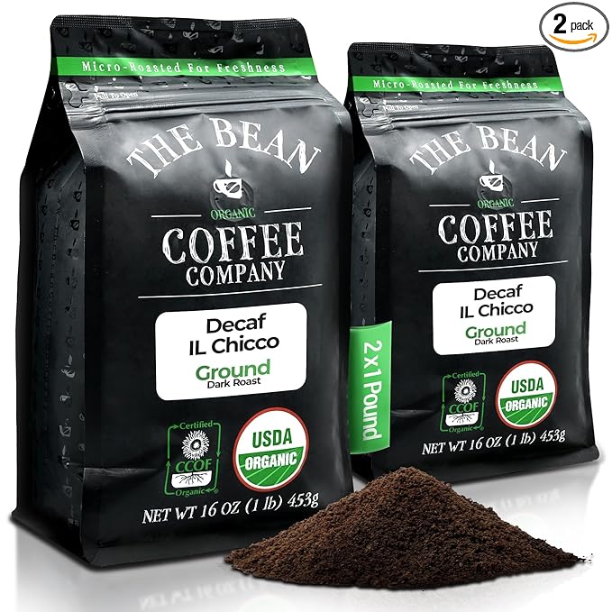 The Bean Organic Coffee Company Water Processed DECAF IL Chicco (Traditional Italian Roast), Dark Roast, Ground Coffee, 16-Ounce Bags (Pack of 2), Café Molido Tostado Orgánico descafeinado