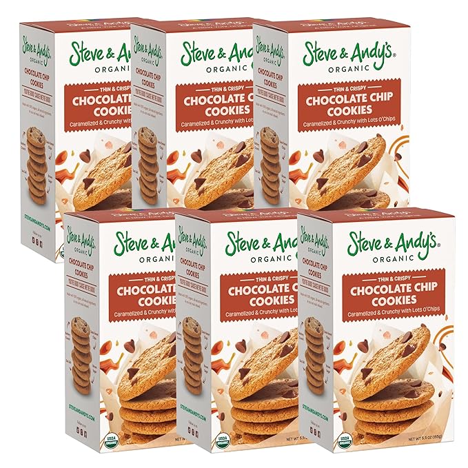 Steve & Andy’s Thin & Crispy Scrumptious Chocolate Chip Cookies – Organic, Gluten Free, Non-Gmo, Nut Free, Wheat Free, Soy Free - 6 Boxes, 33 Oz (60 Cookies)