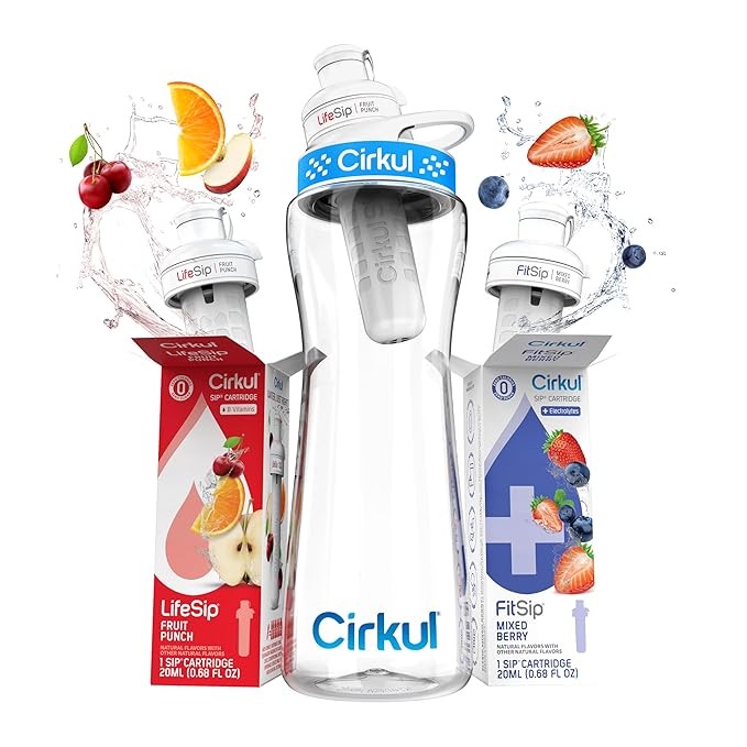 Cirkul 22oz. BPA-Free Plastic Water Bottle Starter Kit with Blue Lid, 2 Flavor Cartridges (1 LifeSip Fruit Punch, 1 FitSip Mixed Berry) No Sugar, Zero Calorie Drink Mix