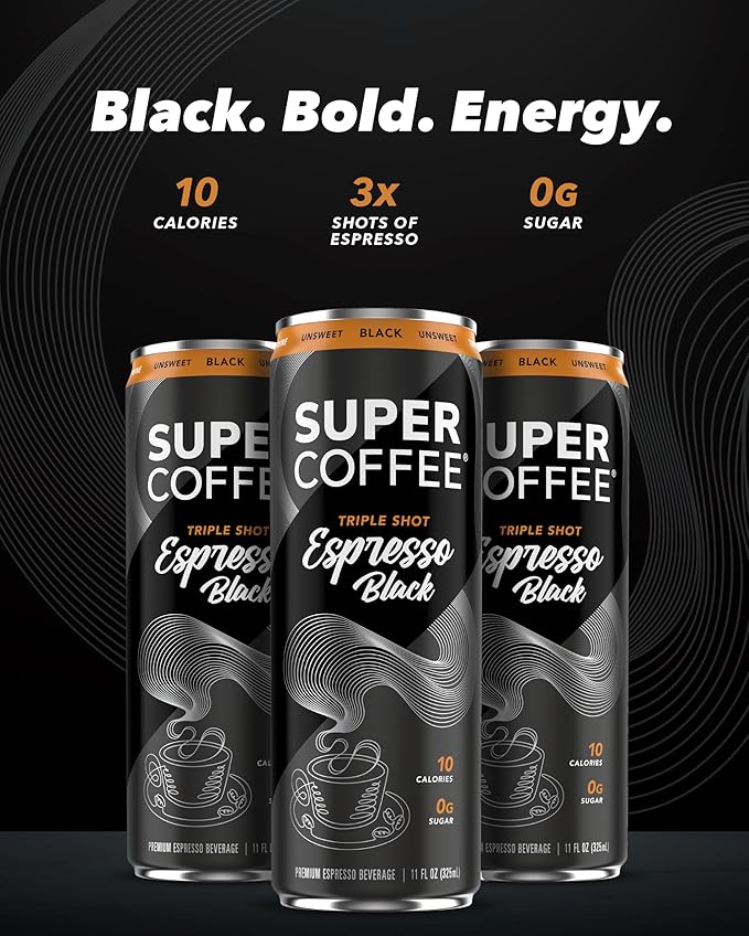 SUPER COFFEE Espresso, Iced Keto Coffee (0g Added Sugar, 10 Calories) [Triple Shot Black] 11 Fl Oz, 12 Pack | Cold Brew, Smart Coffee Drinks - SoyFree GlutenFree