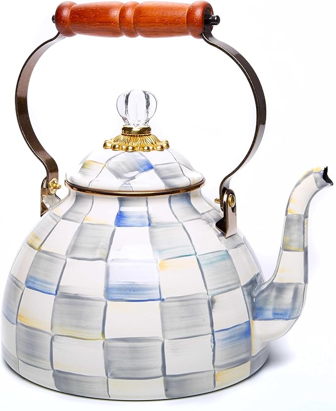 MACKENZIE-CHILDS Enamel Tea Kettle, Stylish Tea Kettle for Stovetop, Grey-and-White Sterling Check, 3 Quarts