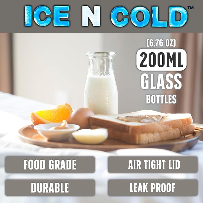 6.76 oz / 200ml Vintage Glass Bottle with Leakproof Clear Lid, Reusable & Eco-Friendly – Ideal for Milk, Juices, Smoothies, Infused Water, BPA-Free Glass Bottle (24-Pack)