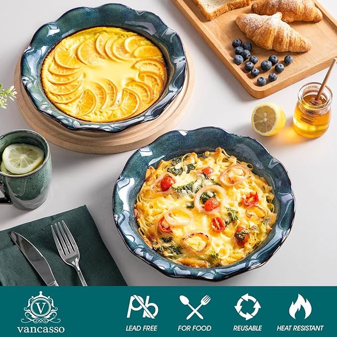 vancasso Stern Ceramic Pie Pan, 9 inch Pie Pans with Ruffled Edge, Deep Pie Dishes for Baking, Round Pie Plates for Apple, Quiche, Pot Pies, Tart, Oven & Dishwasher Safe, Set of 2, Green