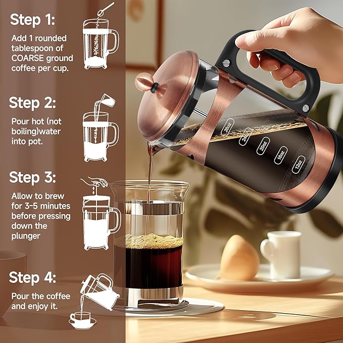 34 Ounce French Press Coffee Maker Copper Stainless Steel Coffee Press, with 4-Level Filter System, Heat Resistant Thickness Borosilicate Glass, BPA-Free Brewed Coffee Pot for Camping Gifts